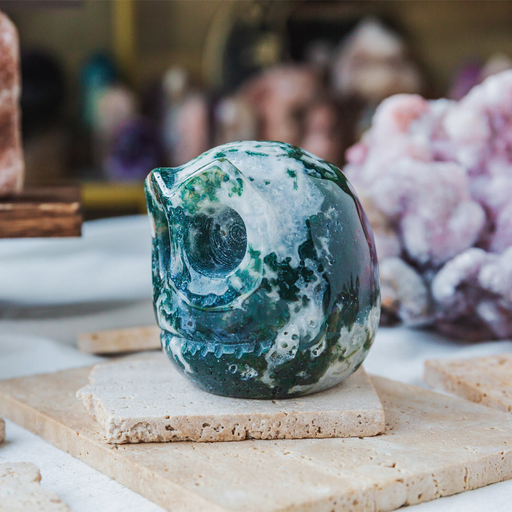 Reikistal Moss Agate Jack Skull