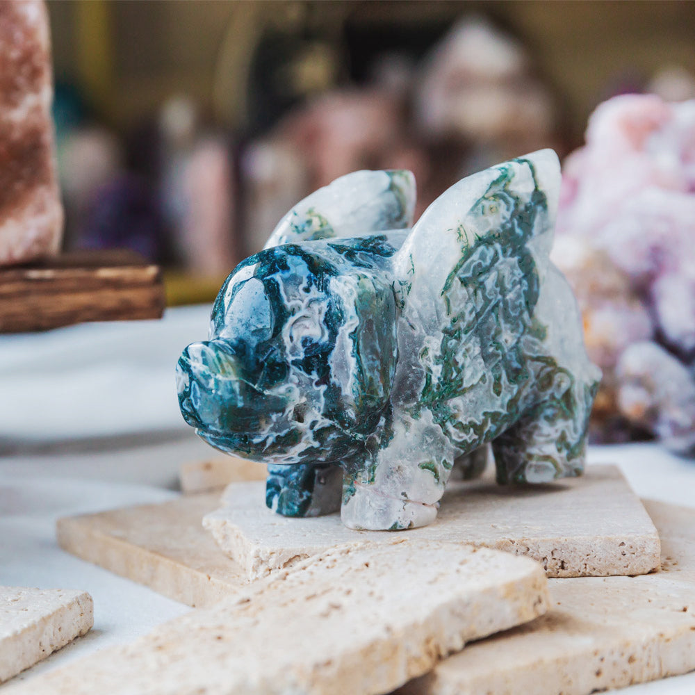 Reikistal Moss Agate Flying Pig