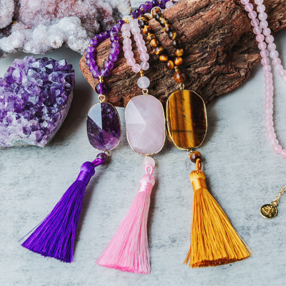 Reikistal Geometric Crystal Fringe Pendant Bead Necklace