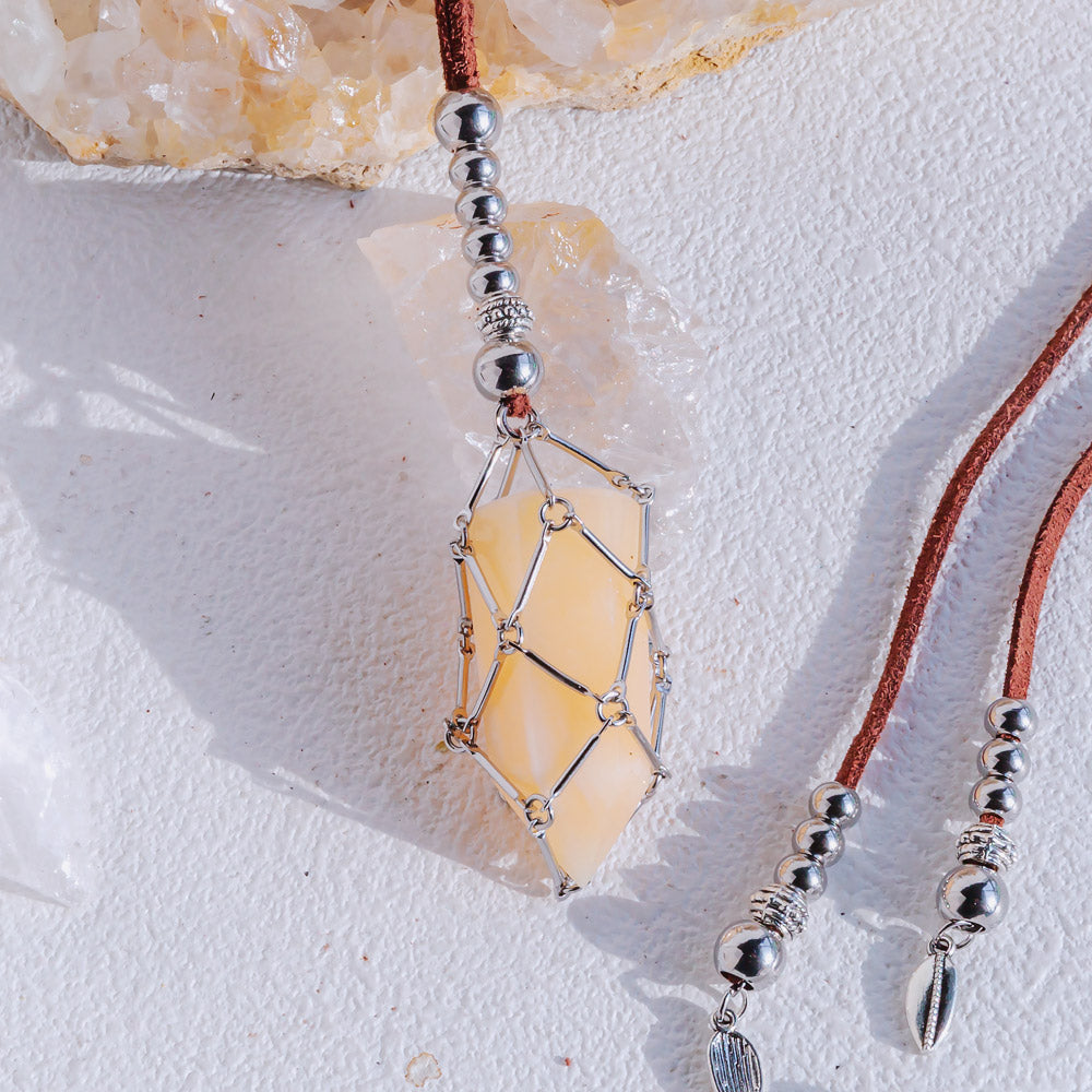 Reikistal【Brown Leather Rope】Metal Bamboo Woven Necklace【Tumble/Point】