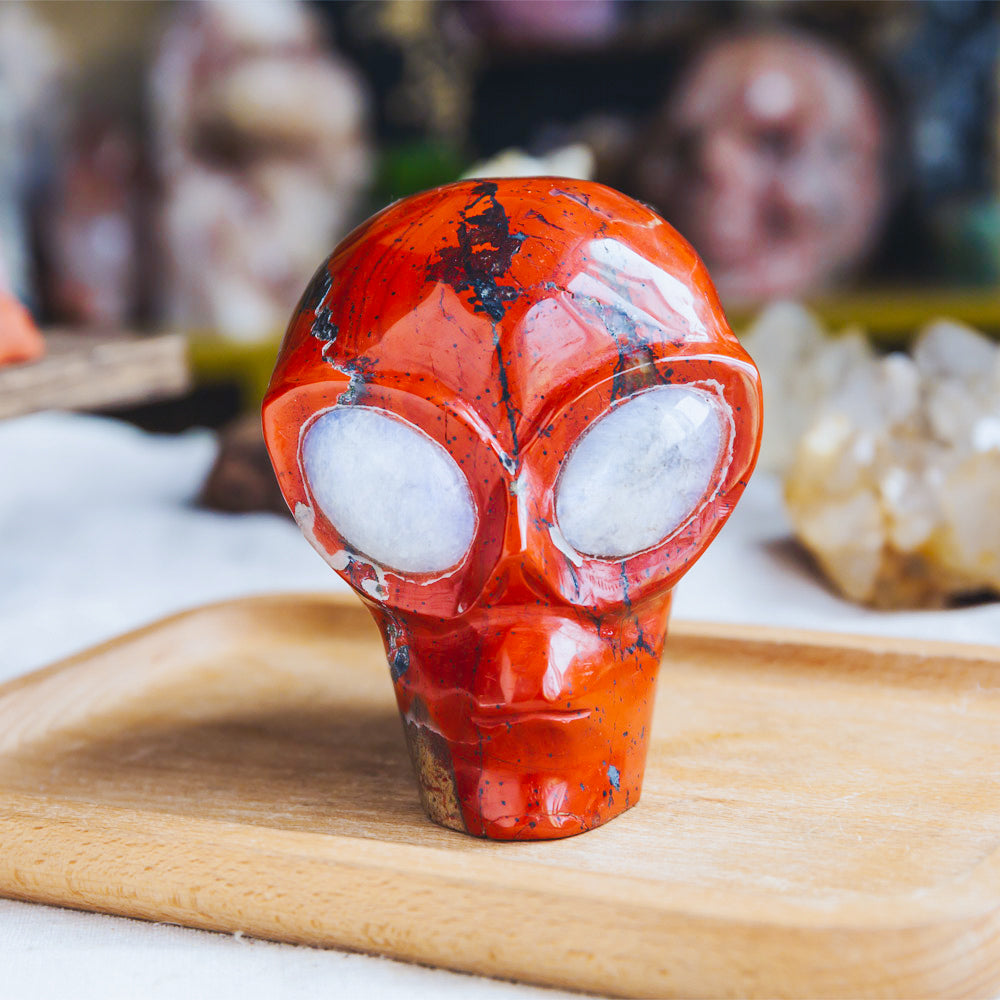 Reikistal Red Jasper Alien Skull With Moonstone Eye