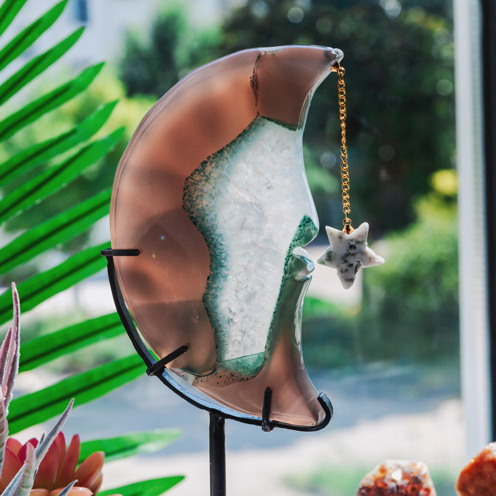 Reikistal Druzy Agate Moon Face Decoration