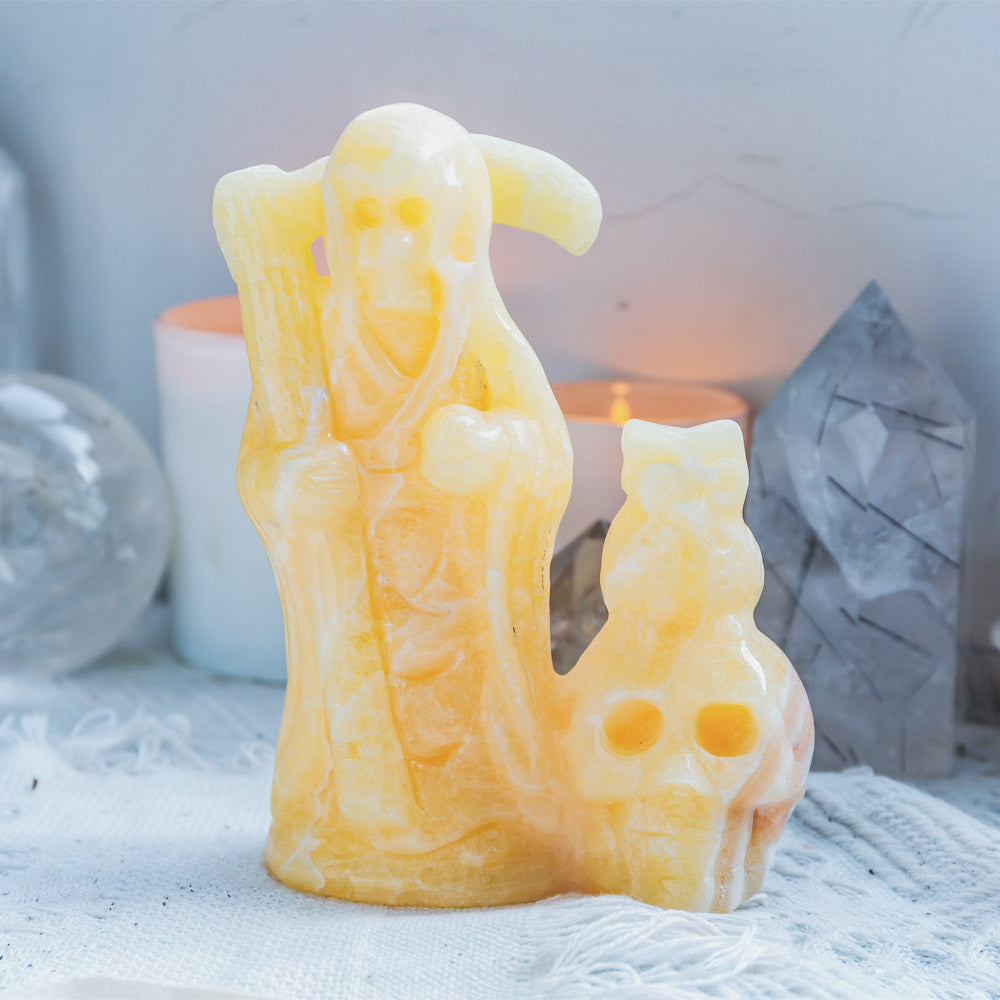 Reikistal Orange Calcite Death With Owl Skull