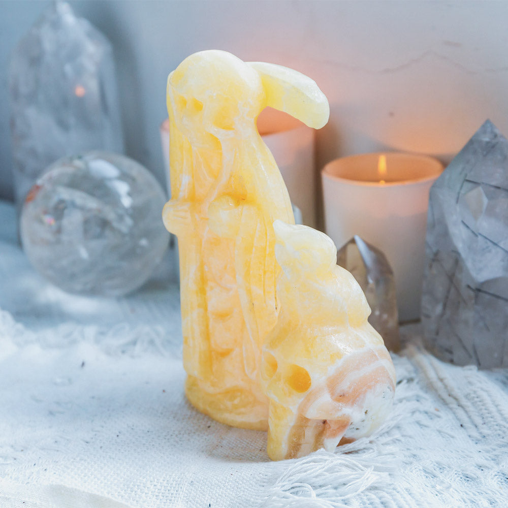 Reikistal Orange Calcite Death With Owl Skull