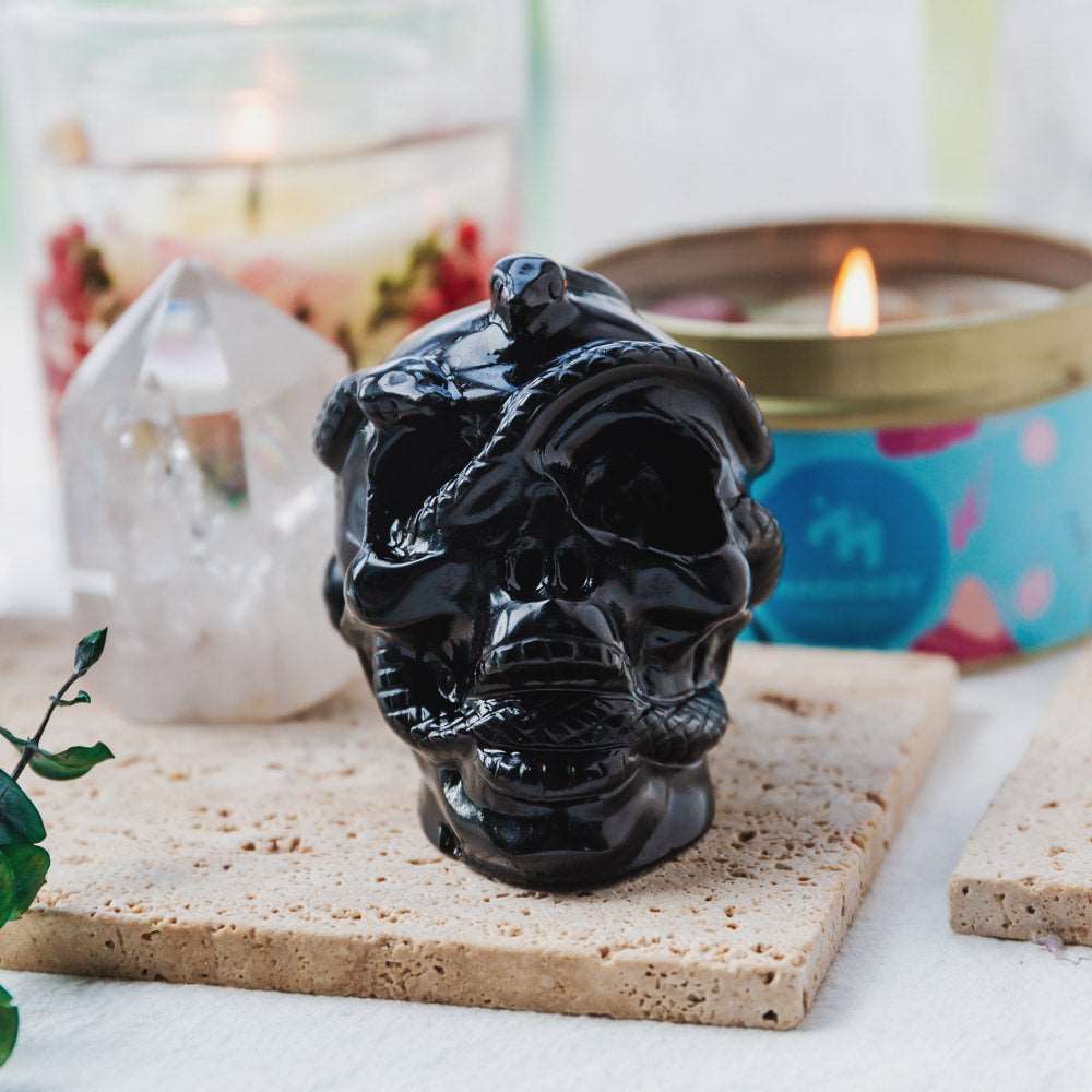 Reikistal 2.5'' Black Obsidian Skull With Snake