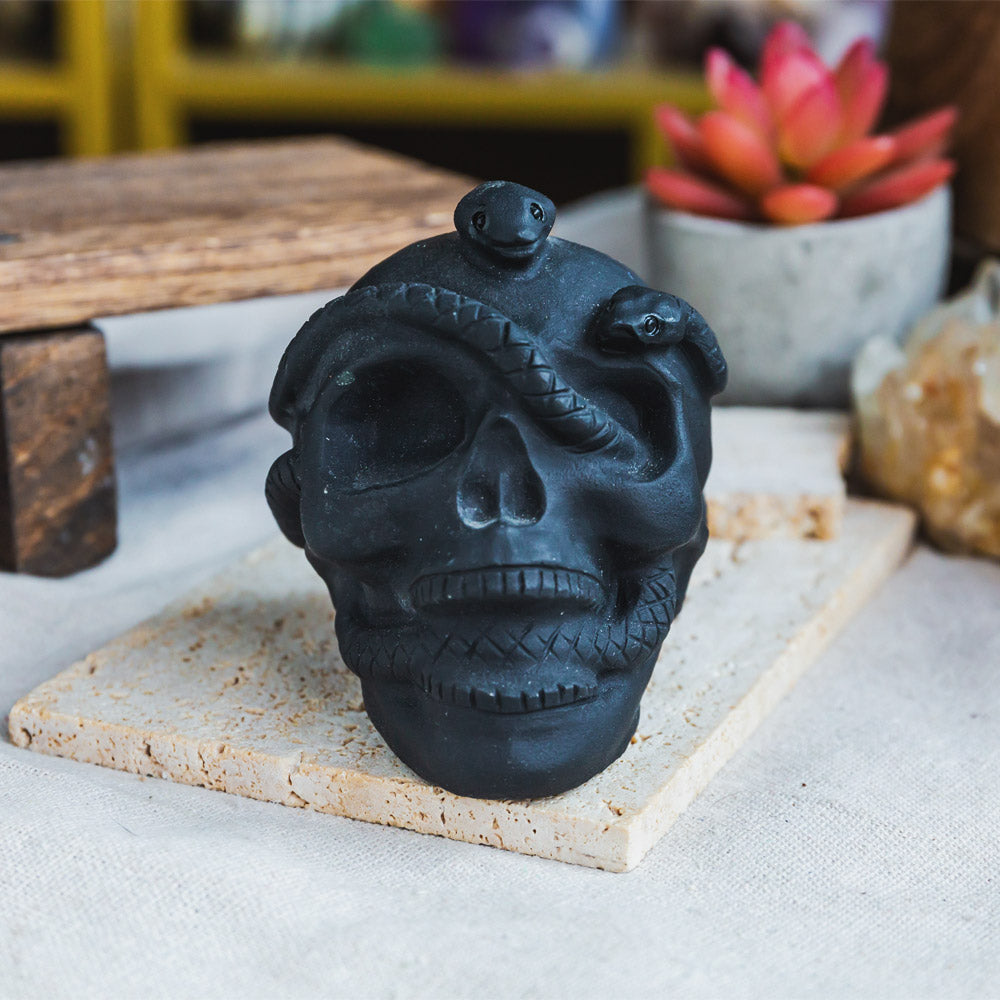 Reikistal Black Obsidian Skull With Snake