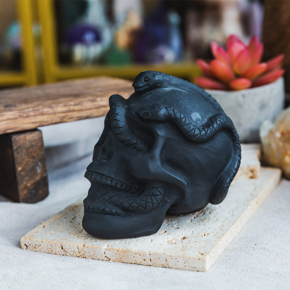 Reikistal Black Obsidian Skull With Snake