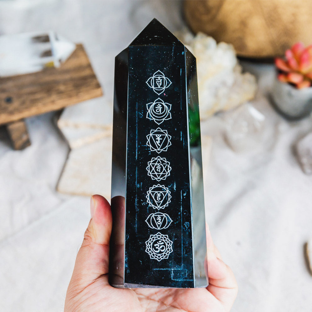 Reikistal Black Obsidian With Seven Chakras Phase Tower