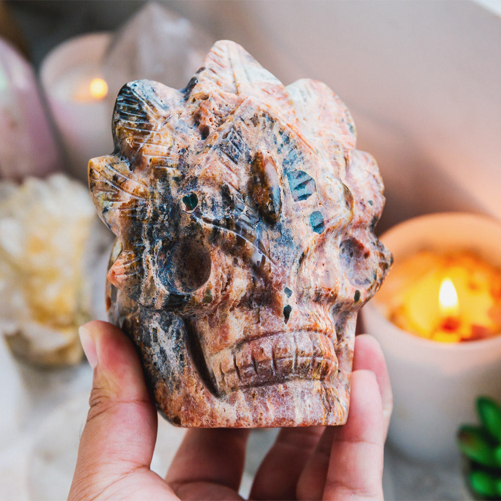 Reikistal Sunstone With Blue Apatite Mask Skull