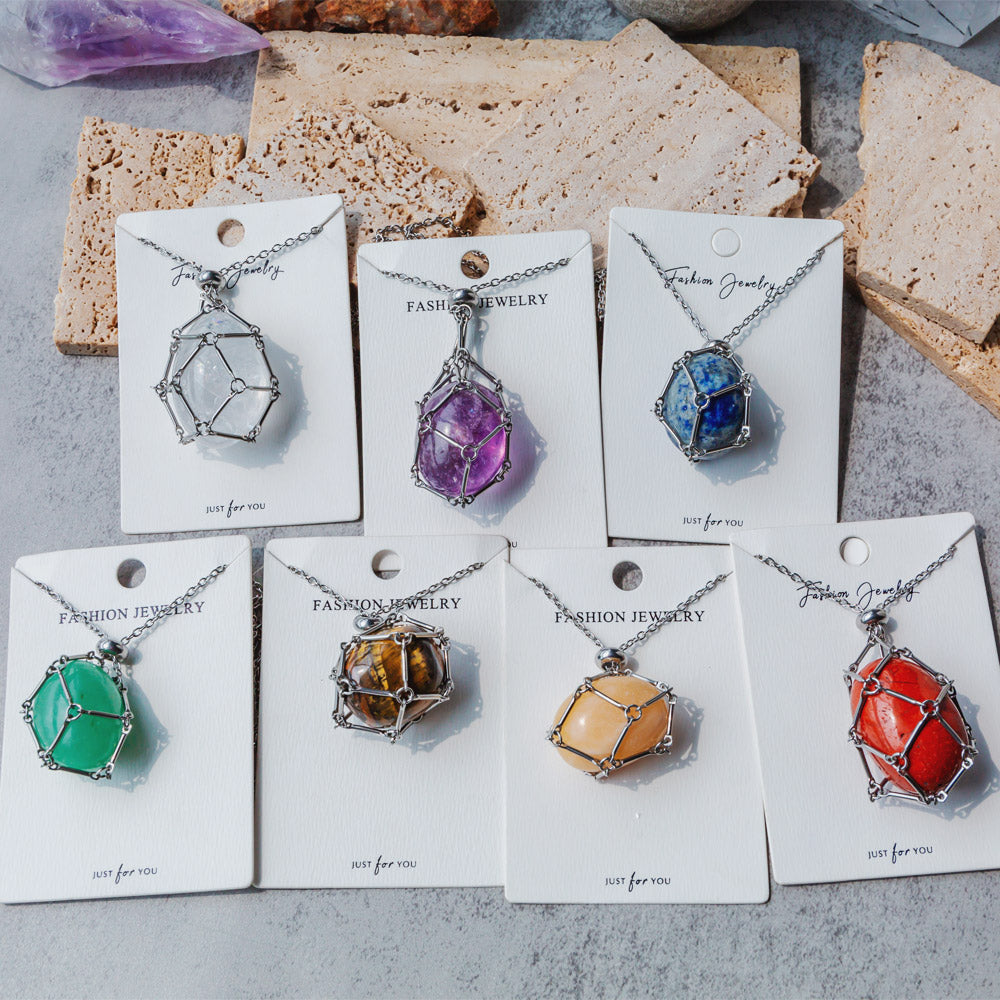 【Silver】Natural Crystal Net Metal Bamboo Necklace Woven Pendant