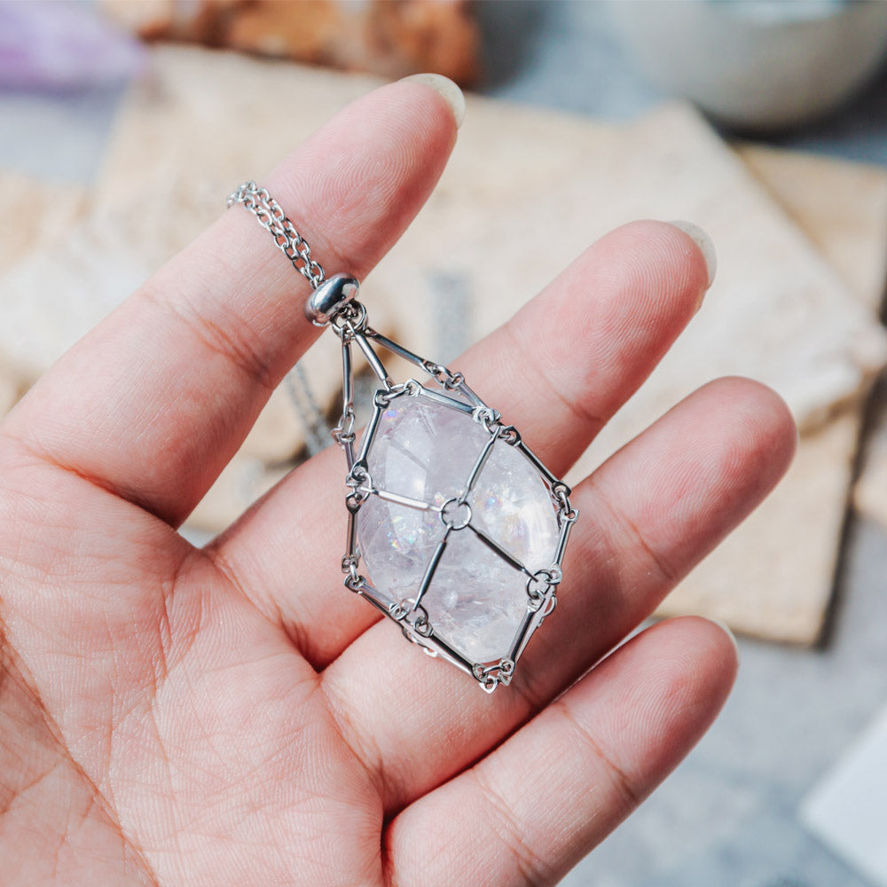 【Silver】Natural Crystal Net Metal Bamboo Necklace Woven Pendant