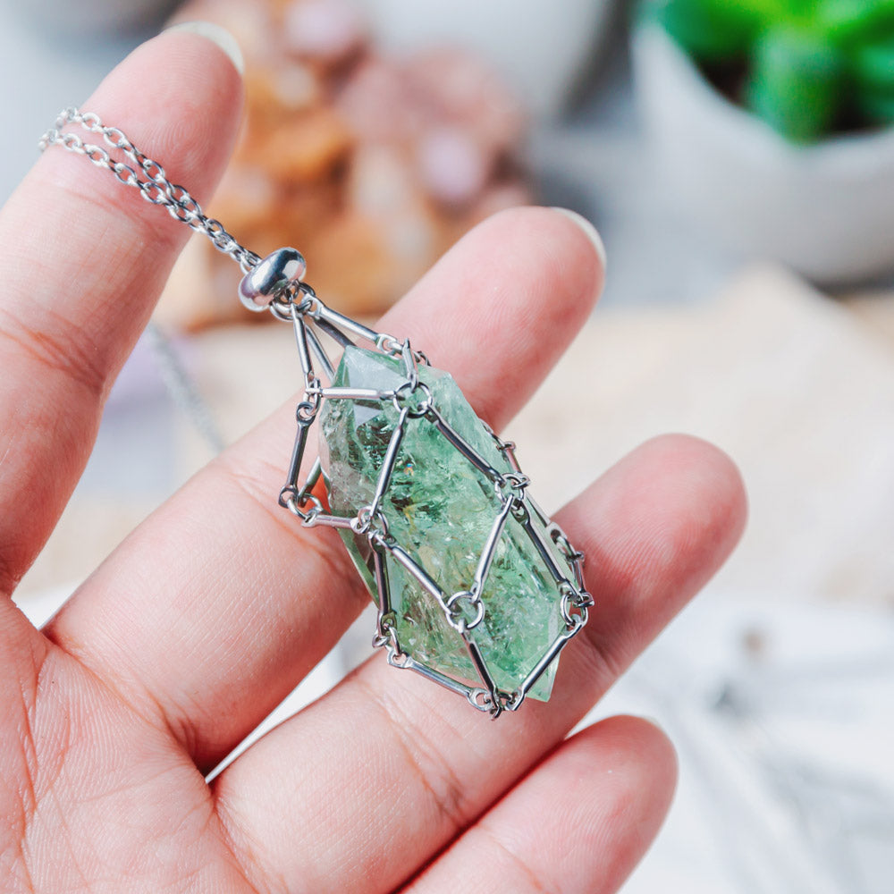 【Silver】Natural Crystal Net Metal Bamboo Necklace Woven Pendant