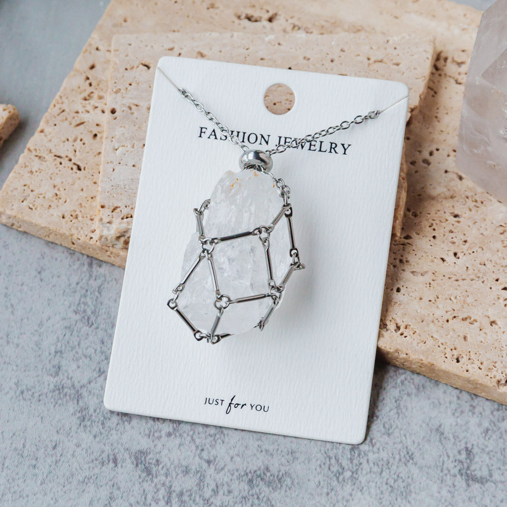 【Silver】Natural Crystal Net Metal Bamboo Necklace Woven Pendant