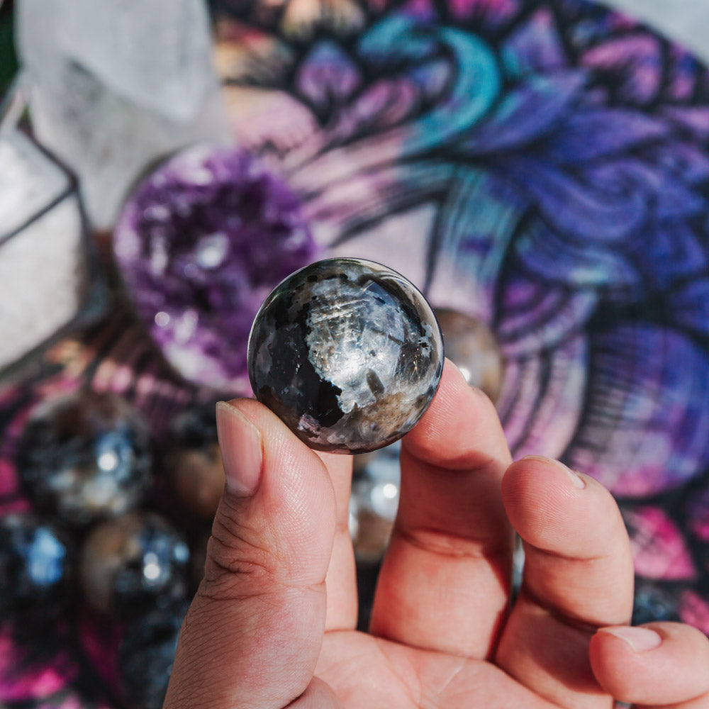 Reikistal Black Moonstone With Tourmaline Sphere