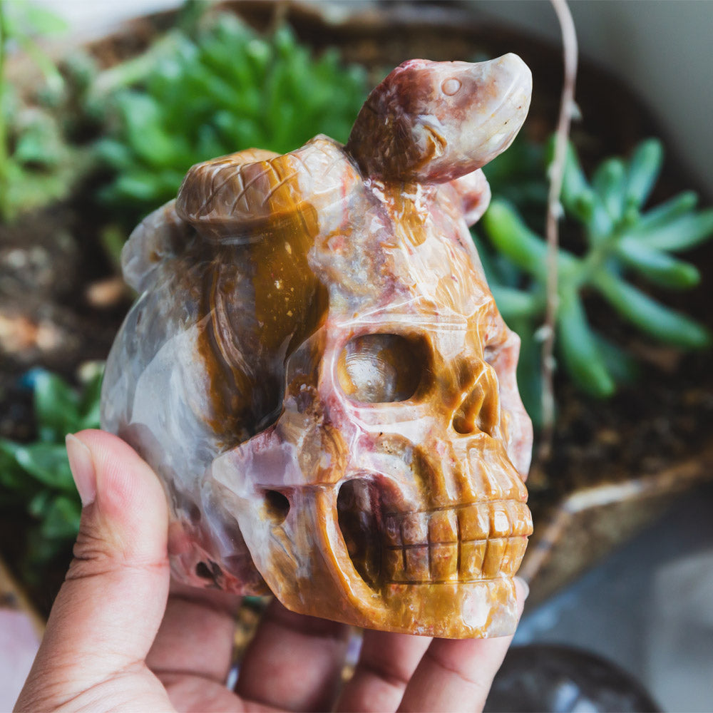 Reikistal Ocean Jasper Skull With Snake