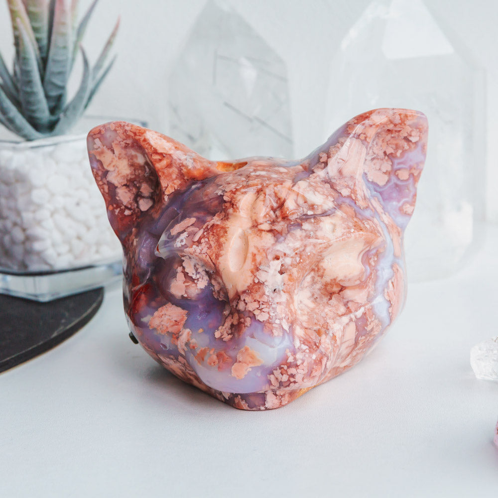 Reikistal Pink Agate Cat Head