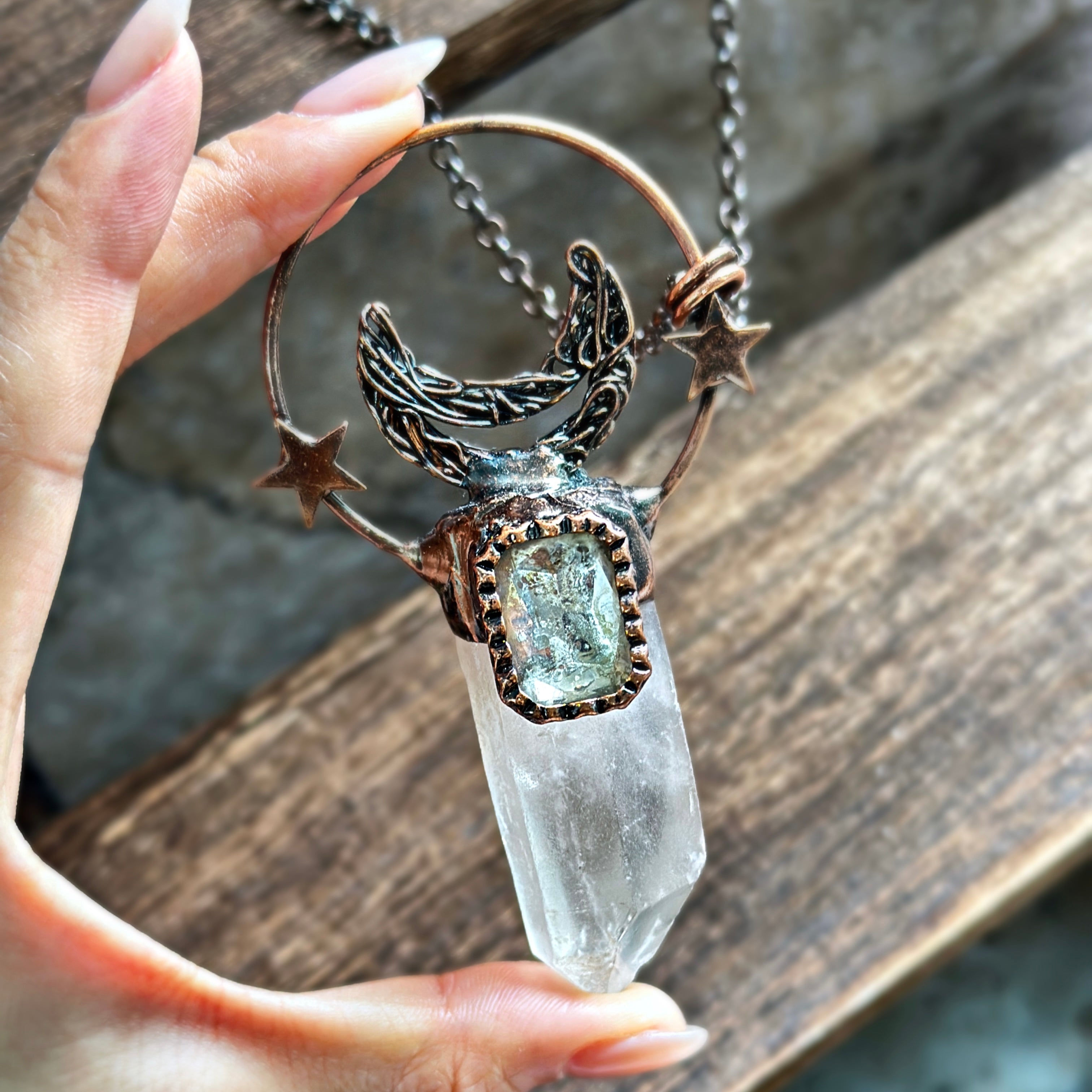 【Handmade Custom】Clear Quartz Specimen Star and Moon Pendant