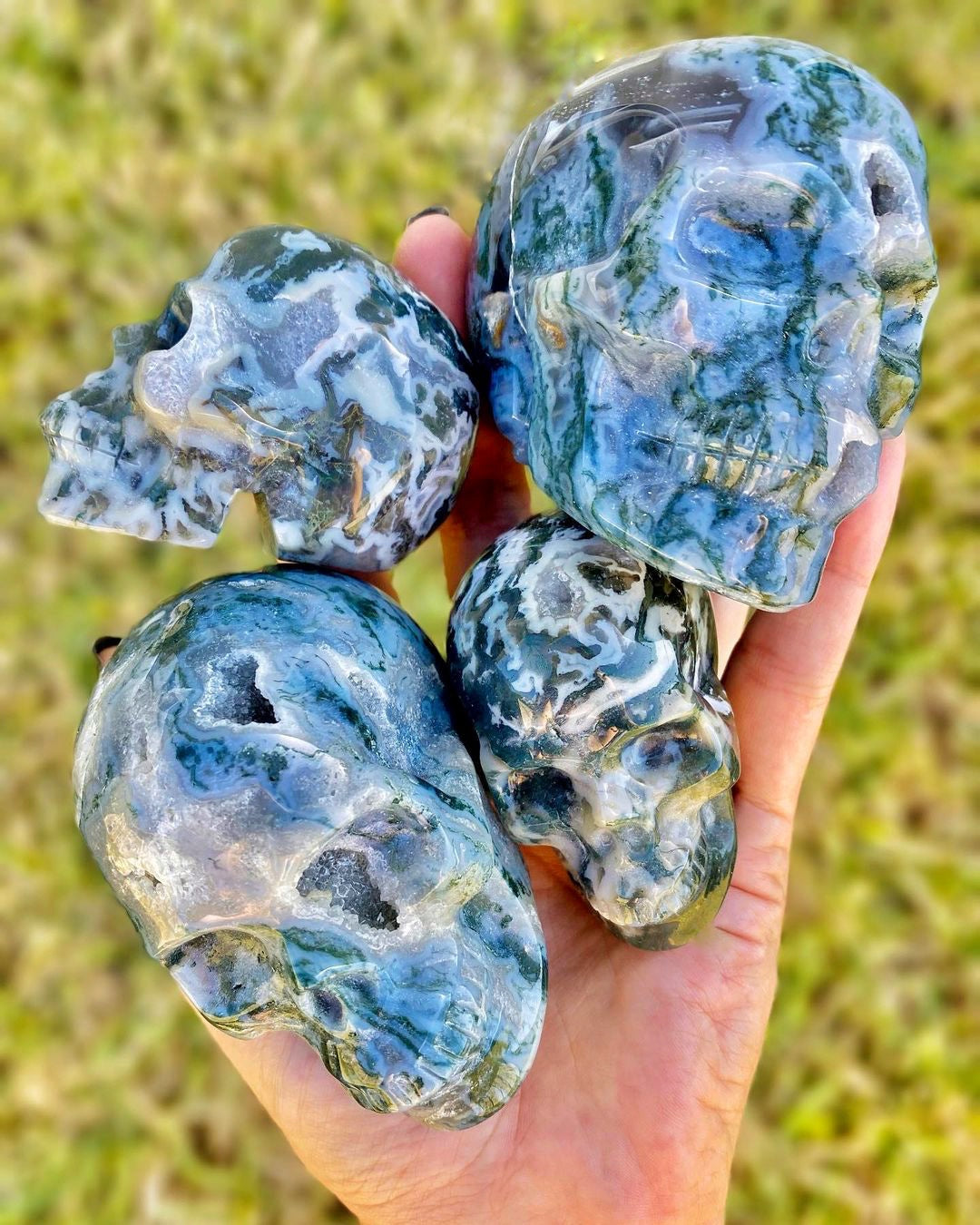 Reikistal Druzy Moss Agate Skull