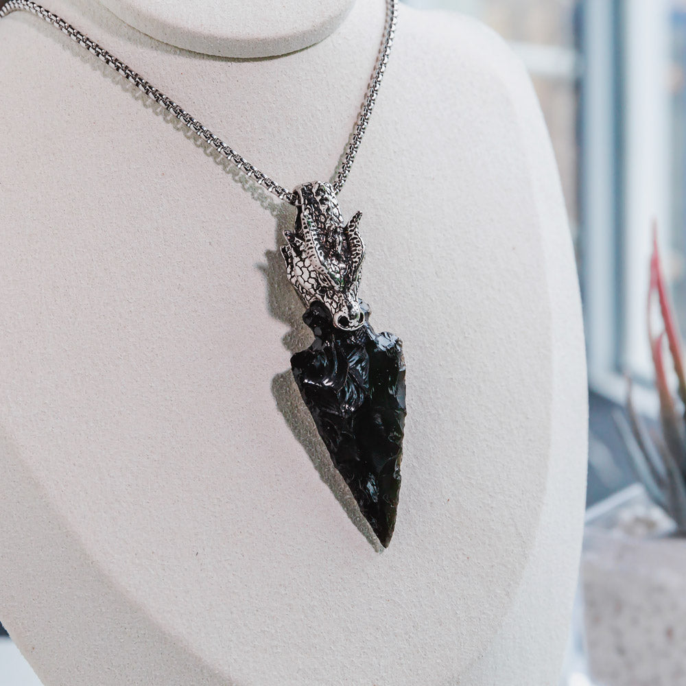 Reikistal Punk Style Skull Head With Black Obsidian Sword Necklace Pendant