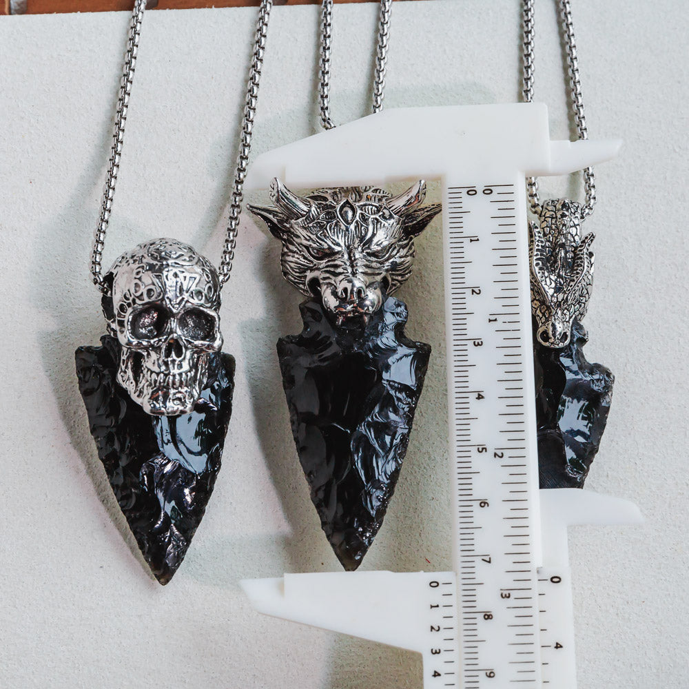 Reikistal Punk Style Skull Head With Black Obsidian Sword Necklace Pendant