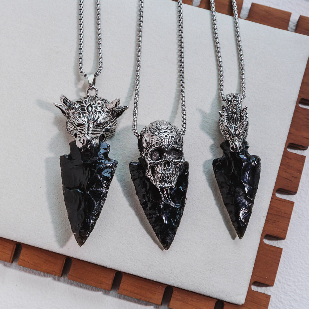 Reikistal Punk Style Skull Head With Black Obsidian Sword Necklace Pendant