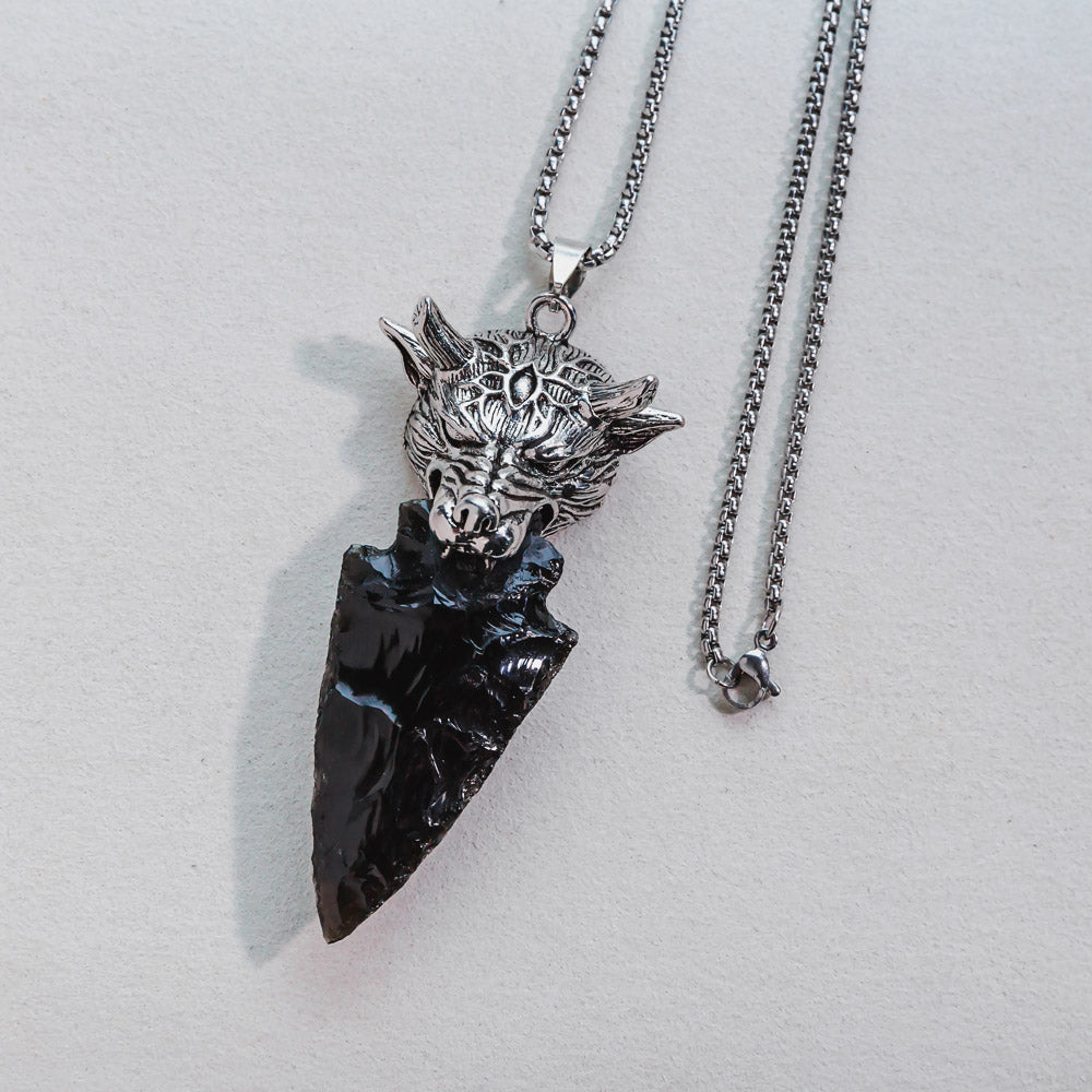 Reikistal Punk Style Skull Head With Black Obsidian Sword Necklace Pendant