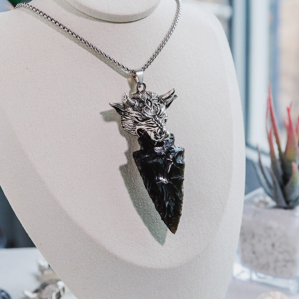 Reikistal Punk Style Skull Head With Black Obsidian Sword Necklace Pendant