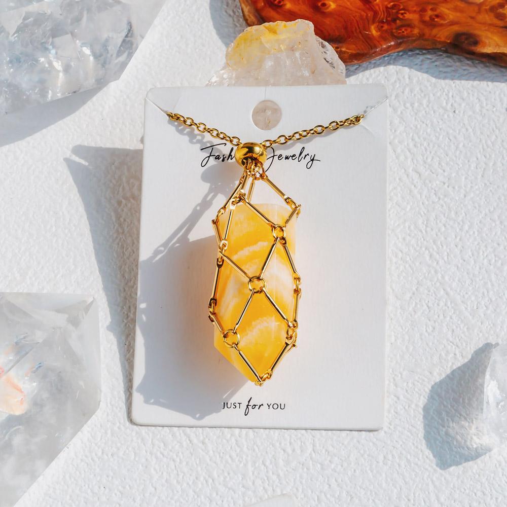 Reikistal Gold Natural Crystal Net Metal Bamboo Necklace【Point/Tumbled】