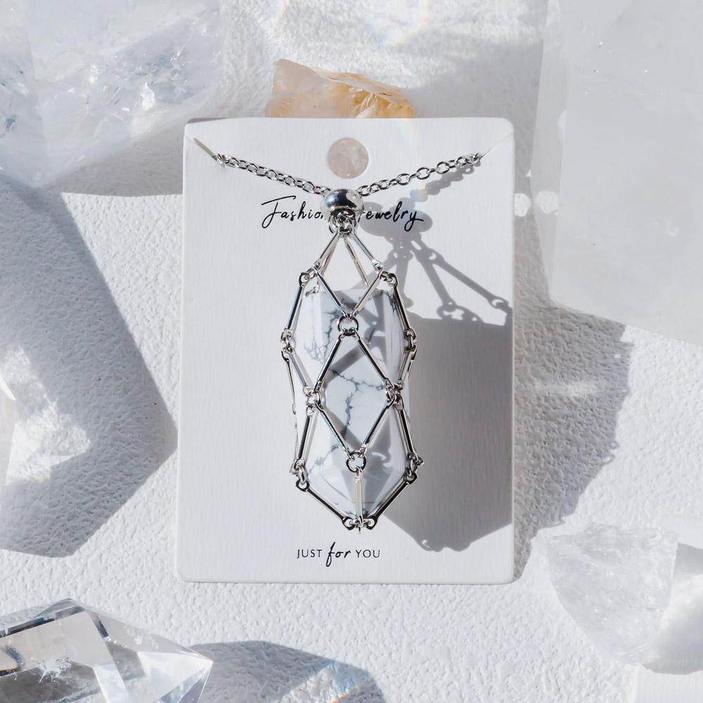 【Silver】Natural Crystal Net Metal Bamboo Necklace Woven Pendant