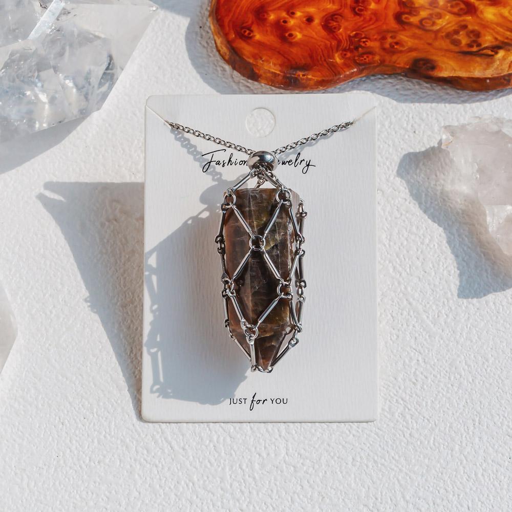 【Silver】Natural Crystal Net Metal Bamboo Necklace Woven Pendant