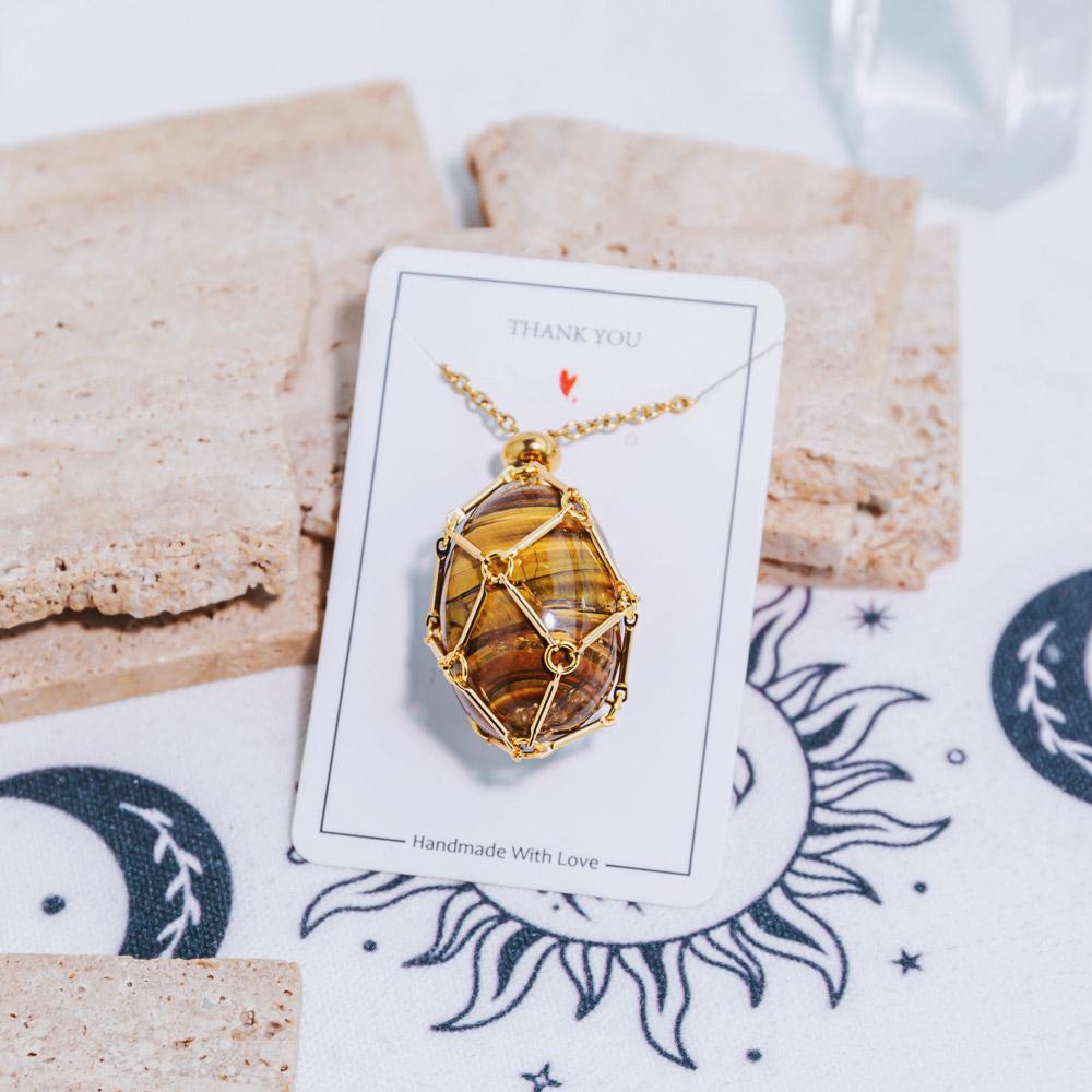 Reikistal Gold Natural Crystal Net Metal Bamboo Necklace【Point/Tumbled】