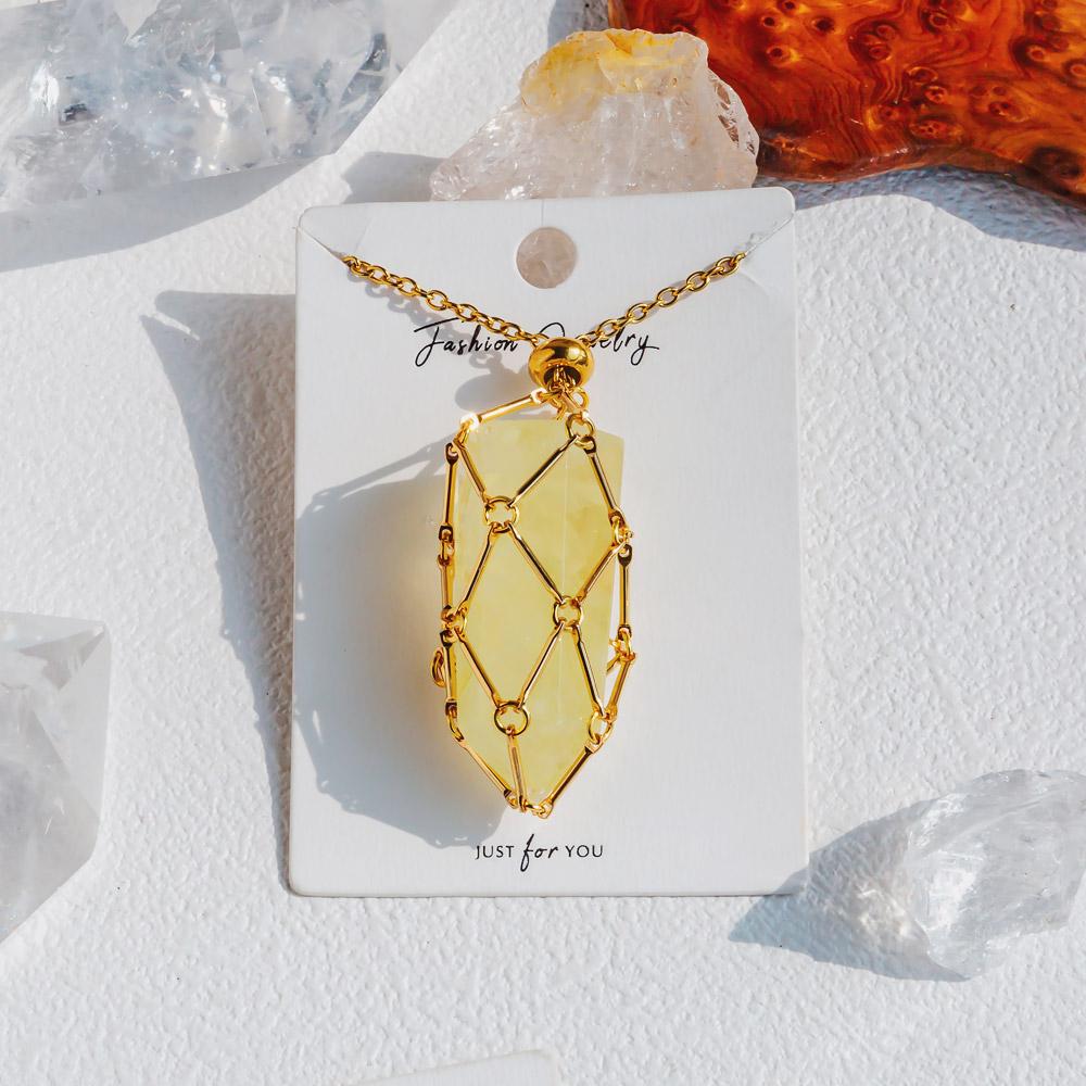 Reikistal Gold Natural Crystal Net Metal Bamboo Necklace【Point/Tumbled】