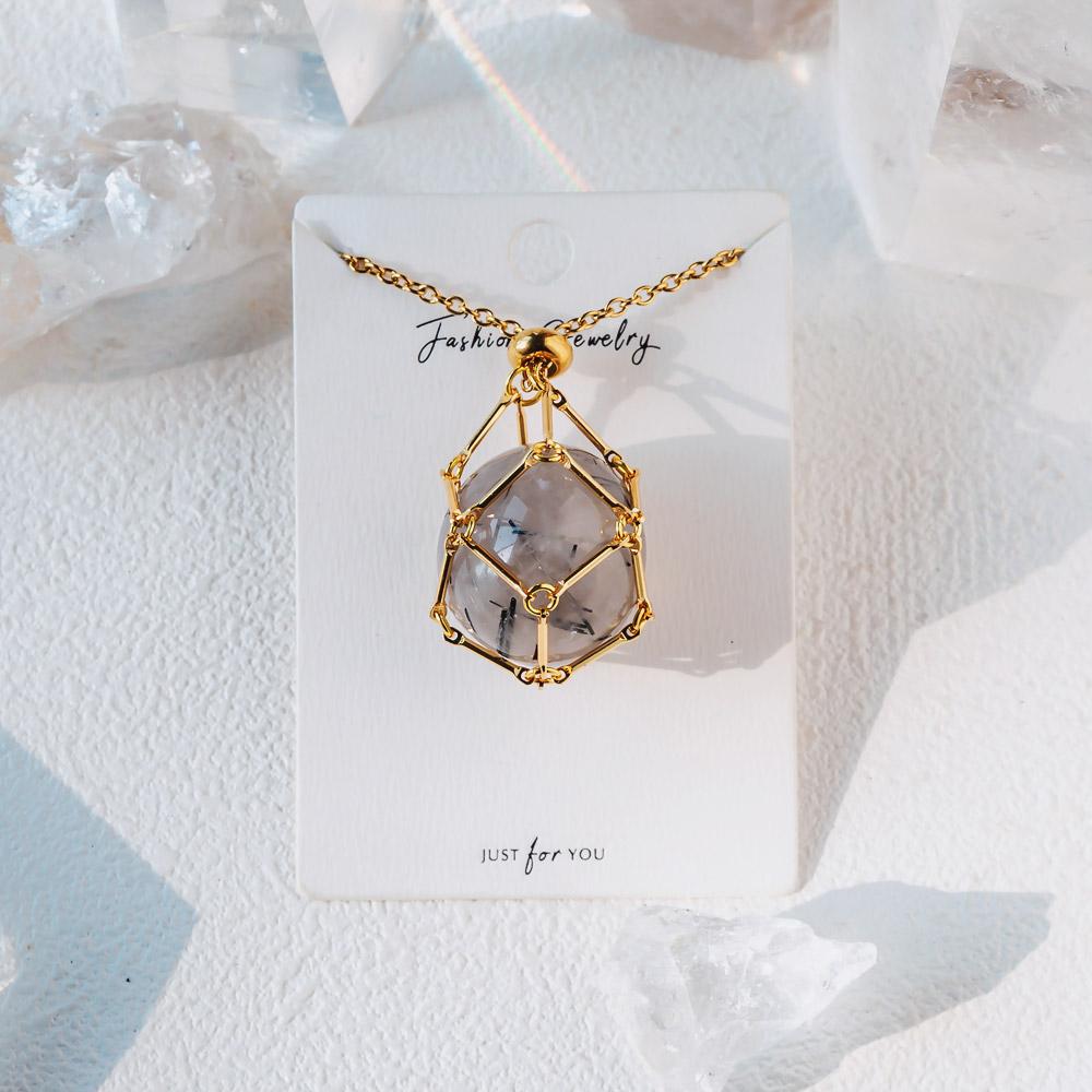 Reikistal Gold Natural Crystal Net Metal Bamboo Necklace【Point/Tumbled】