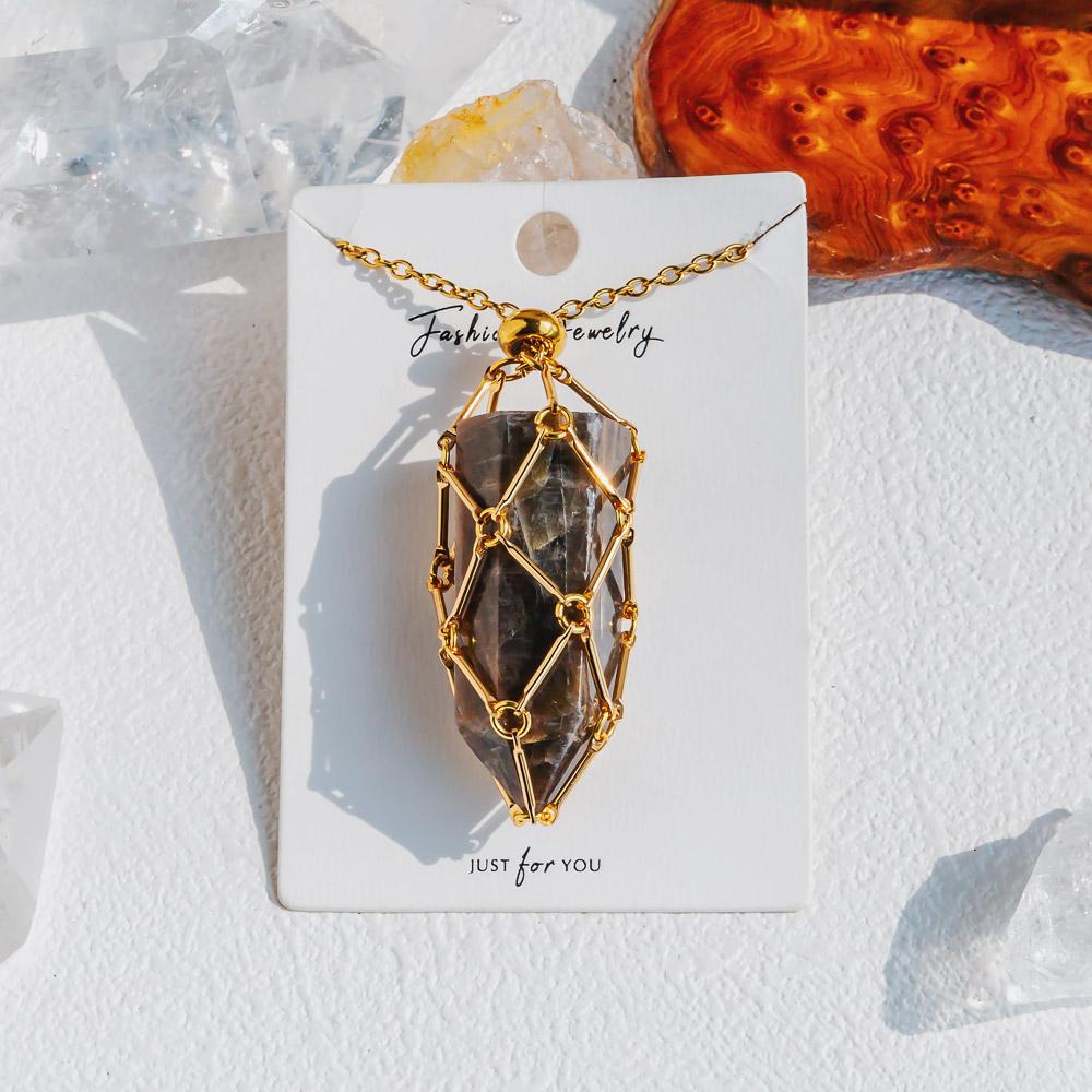 Reikistal Gold Natural Crystal Net Metal Bamboo Necklace【Point/Tumbled】