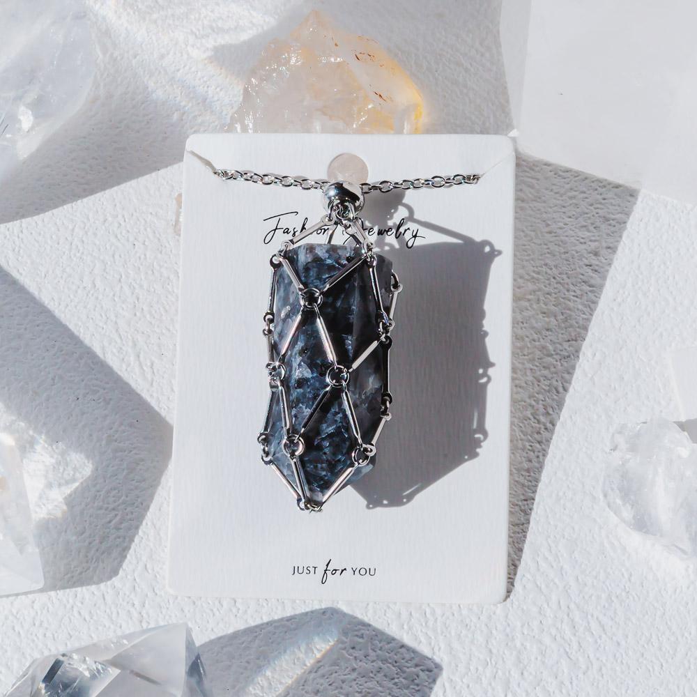 【Silver】Natural Crystal Net Metal Bamboo Necklace Woven Pendant