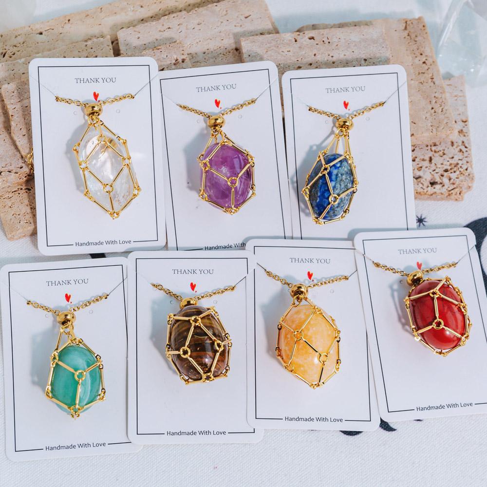 Reikistal Gold Natural Crystal Net Metal Bamboo Necklace【Point/Tumbled】