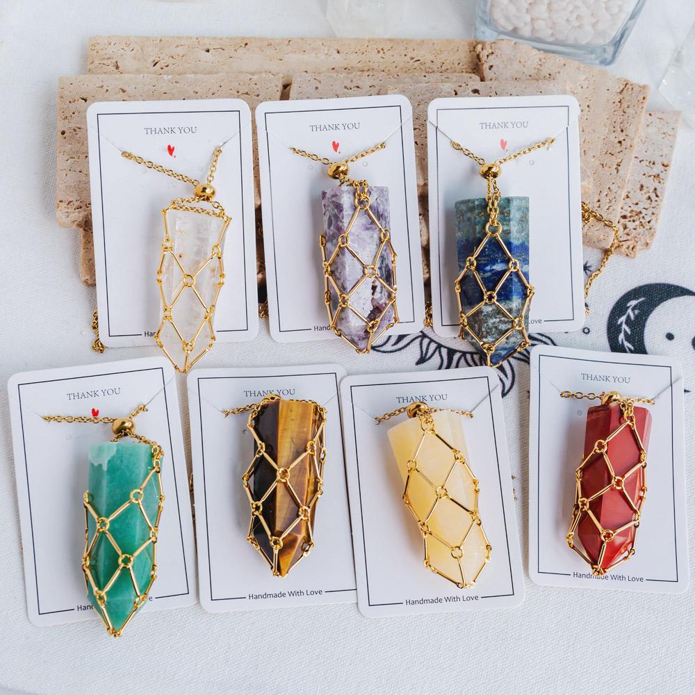 Reikistal Gold Natural Crystal Net Metal Bamboo Necklace【Point/Tumbled】