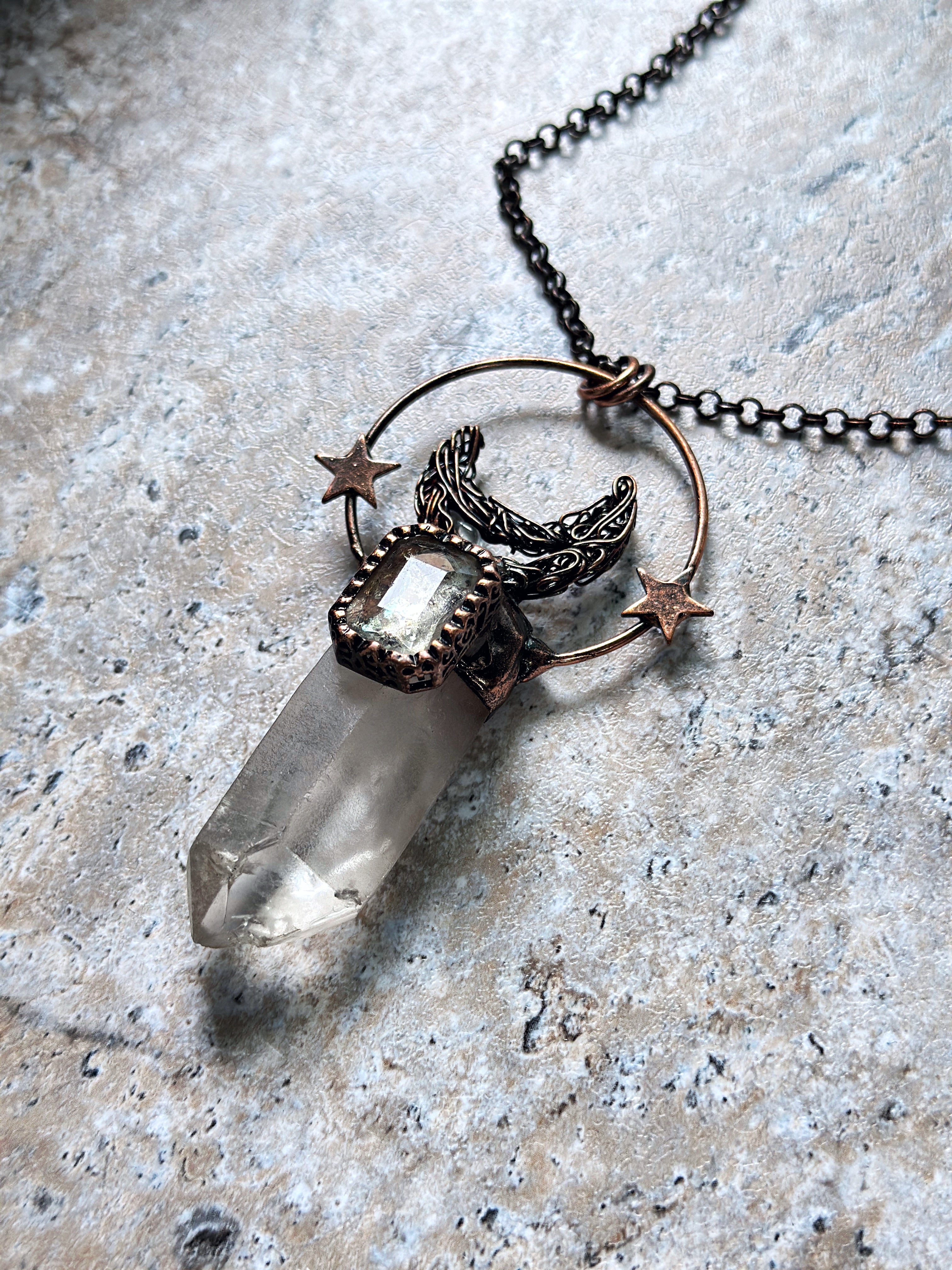 【Handmade Custom】Clear Quartz Specimen Star and Moon Pendant