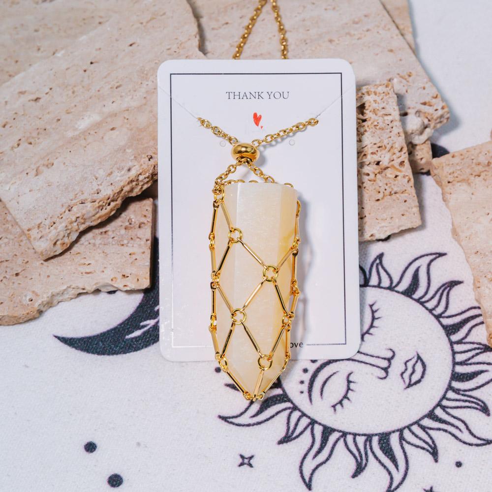 Reikistal Gold Natural Crystal Net Metal Bamboo Necklace【Point/Tumbled】