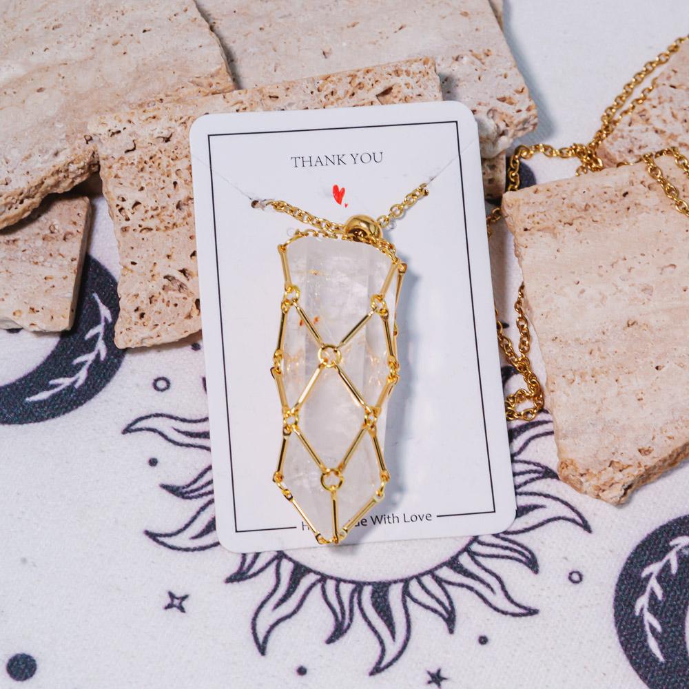 Reikistal Gold Natural Crystal Net Metal Bamboo Necklace【Point/Tumbled】