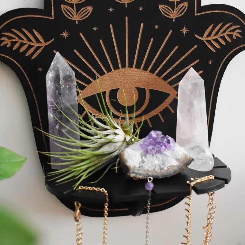 Reikistal Hamsa Hand Blommig sol och måne Altare Kristallhylla