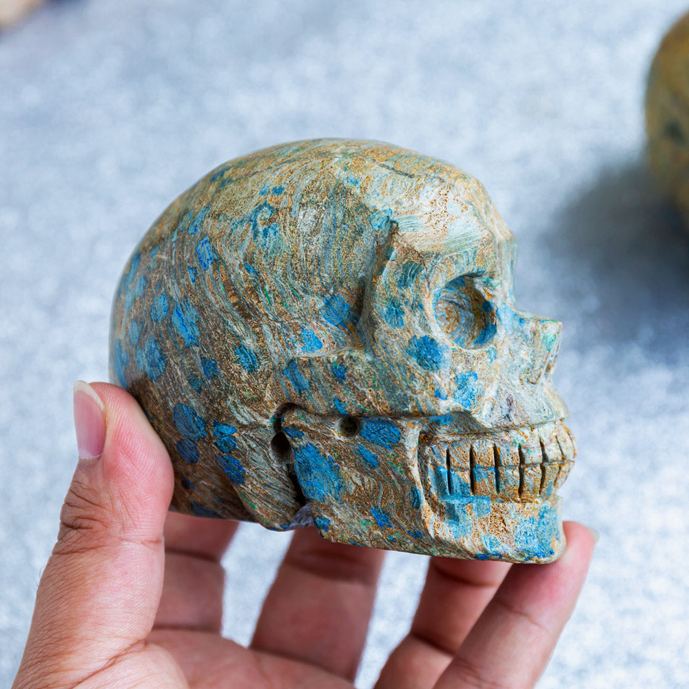 Reikistal Blue Apatite In Jasper Skull