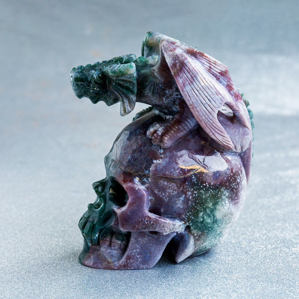 Reikistal Ocean Jasper Skull With Flying Dragon