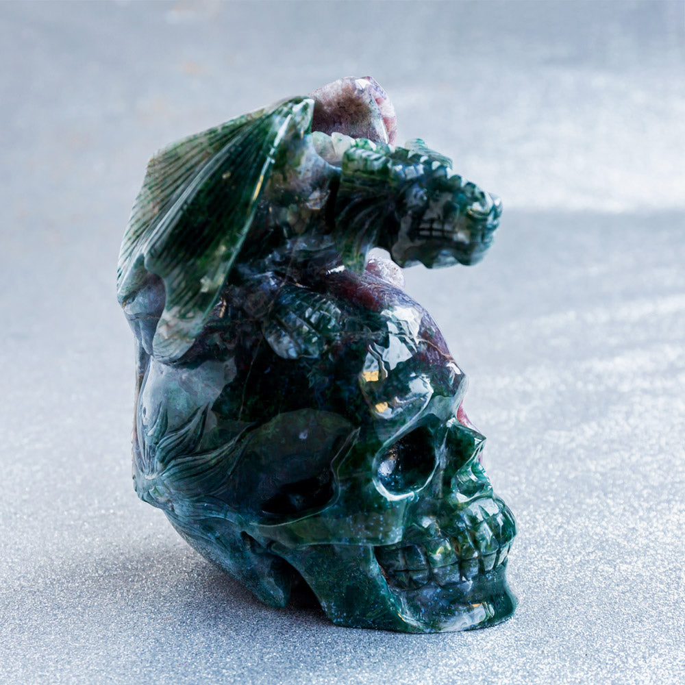 Reikistal Ocean Jasper Skull With Flying Dragon
