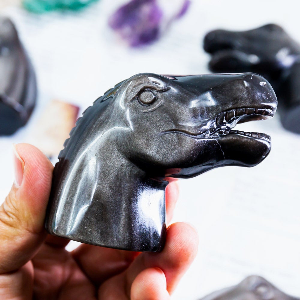 Reikistal Silver Sheen Obsidian Dinosaur Head