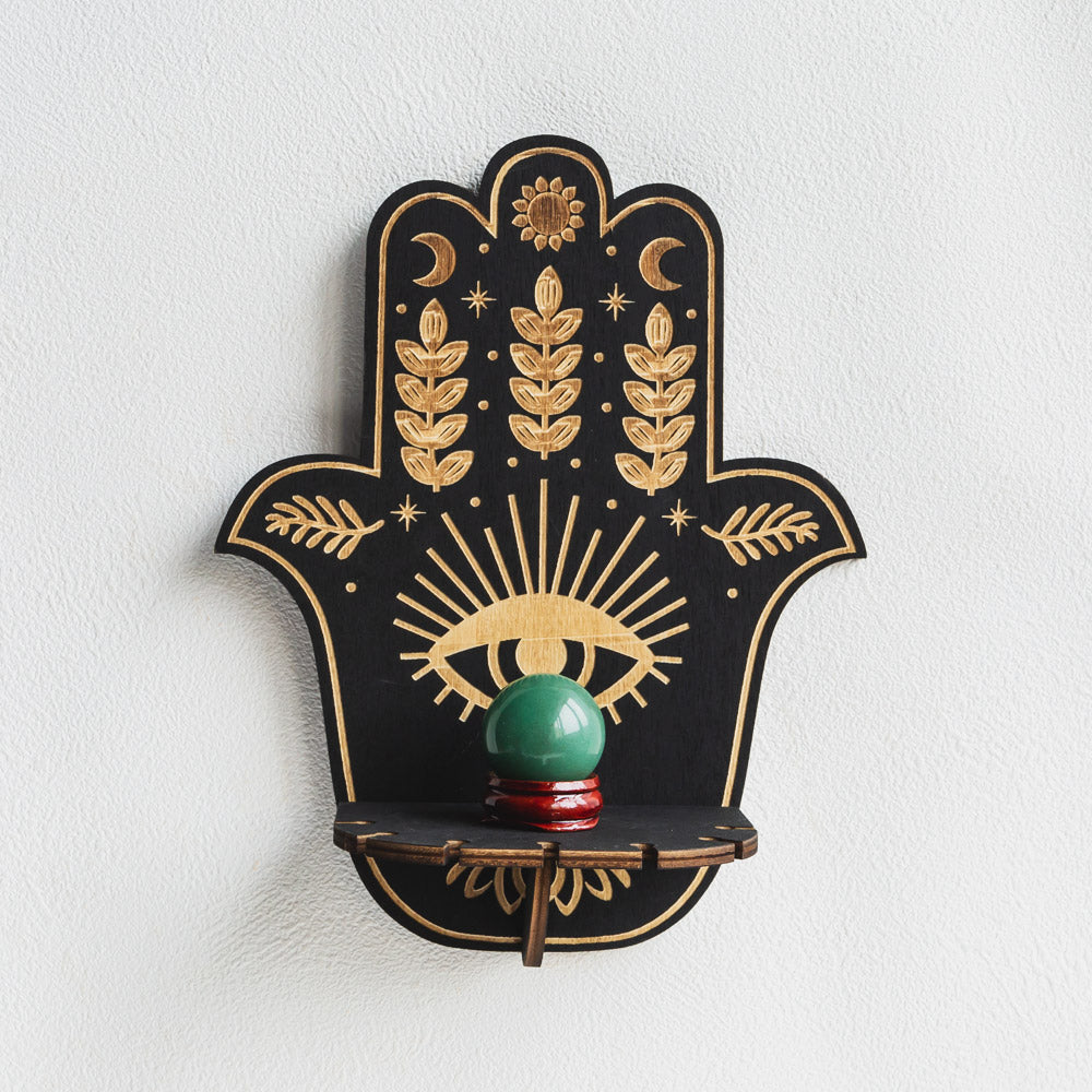Reikistal Hamsa Hand Blommig sol och måne Altare Kristallhylla