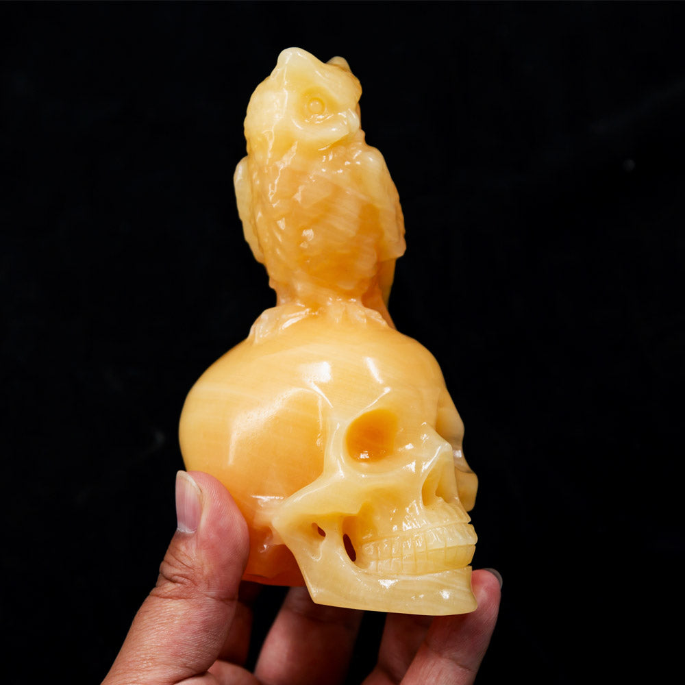 Reikistal Orange Calcite Skulls With Owl