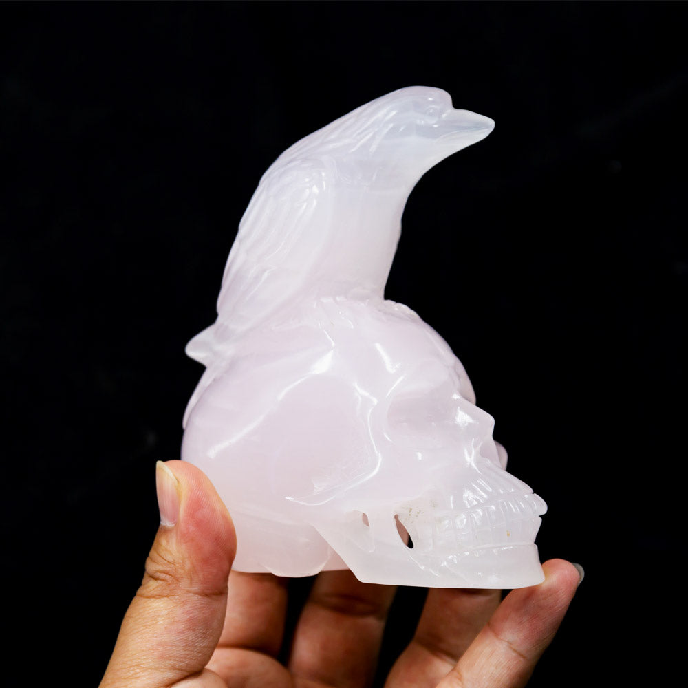 Reikistal Pink Calcite Skull With Crow