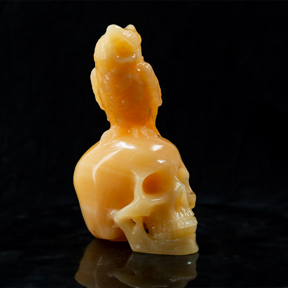 Reikistal Orange Calcite Skulls With Owl