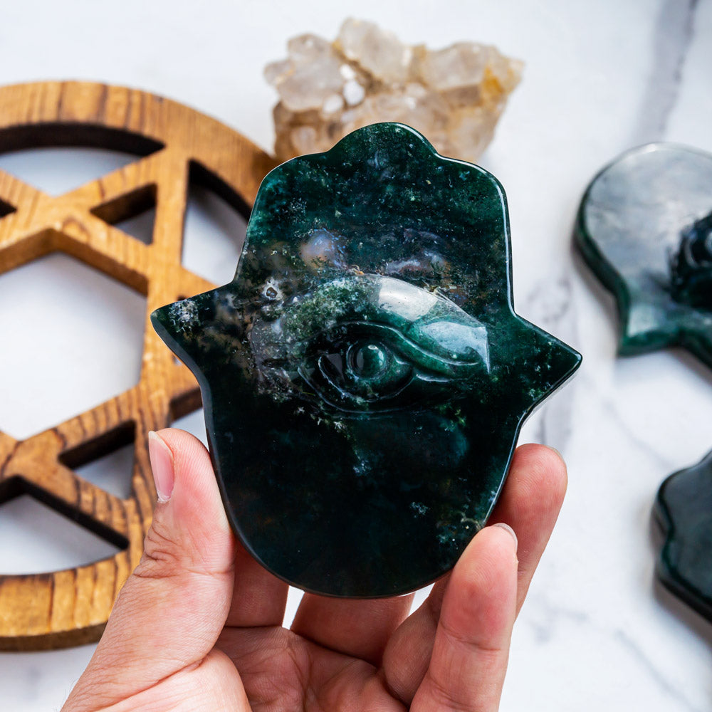 Reikistal Moss Agate Hamsa Hand